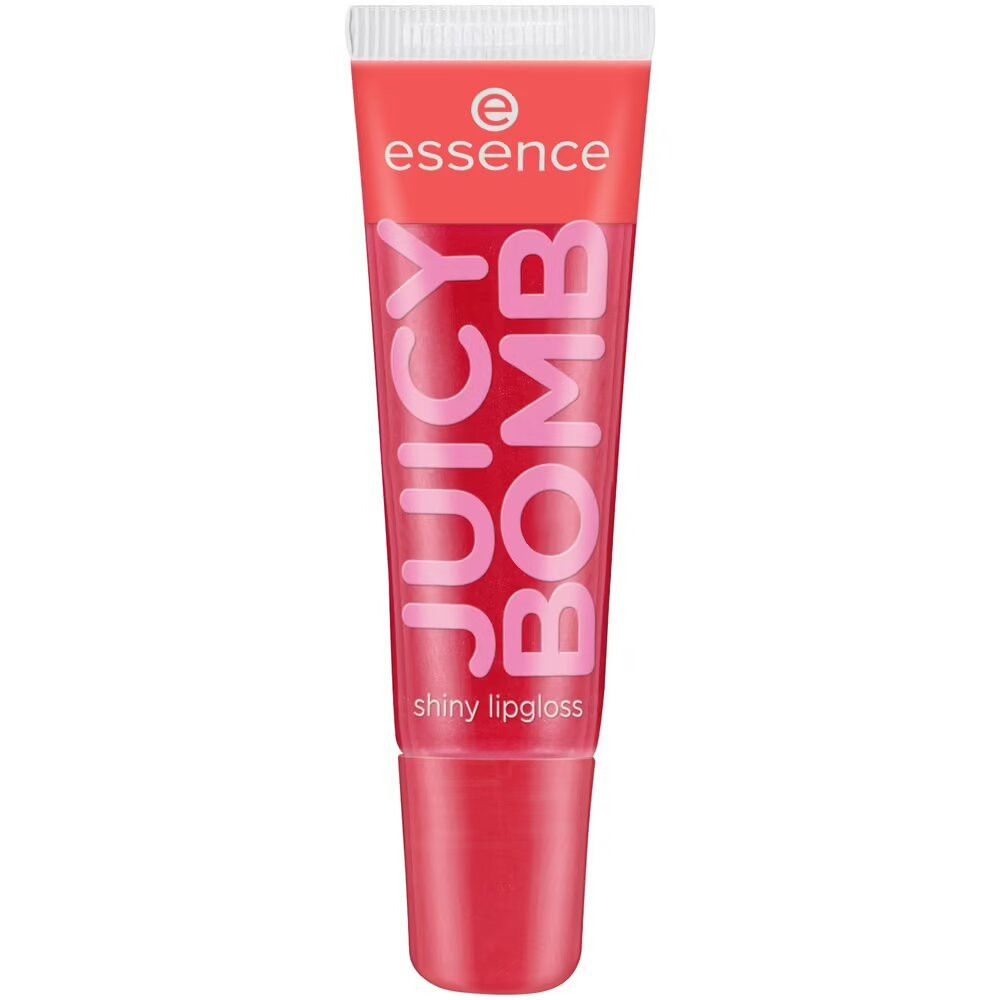 Tube de gloss à lèvres rouge. Inscription: Juicy Bomb, shiny lipgloss. Marque: essence.