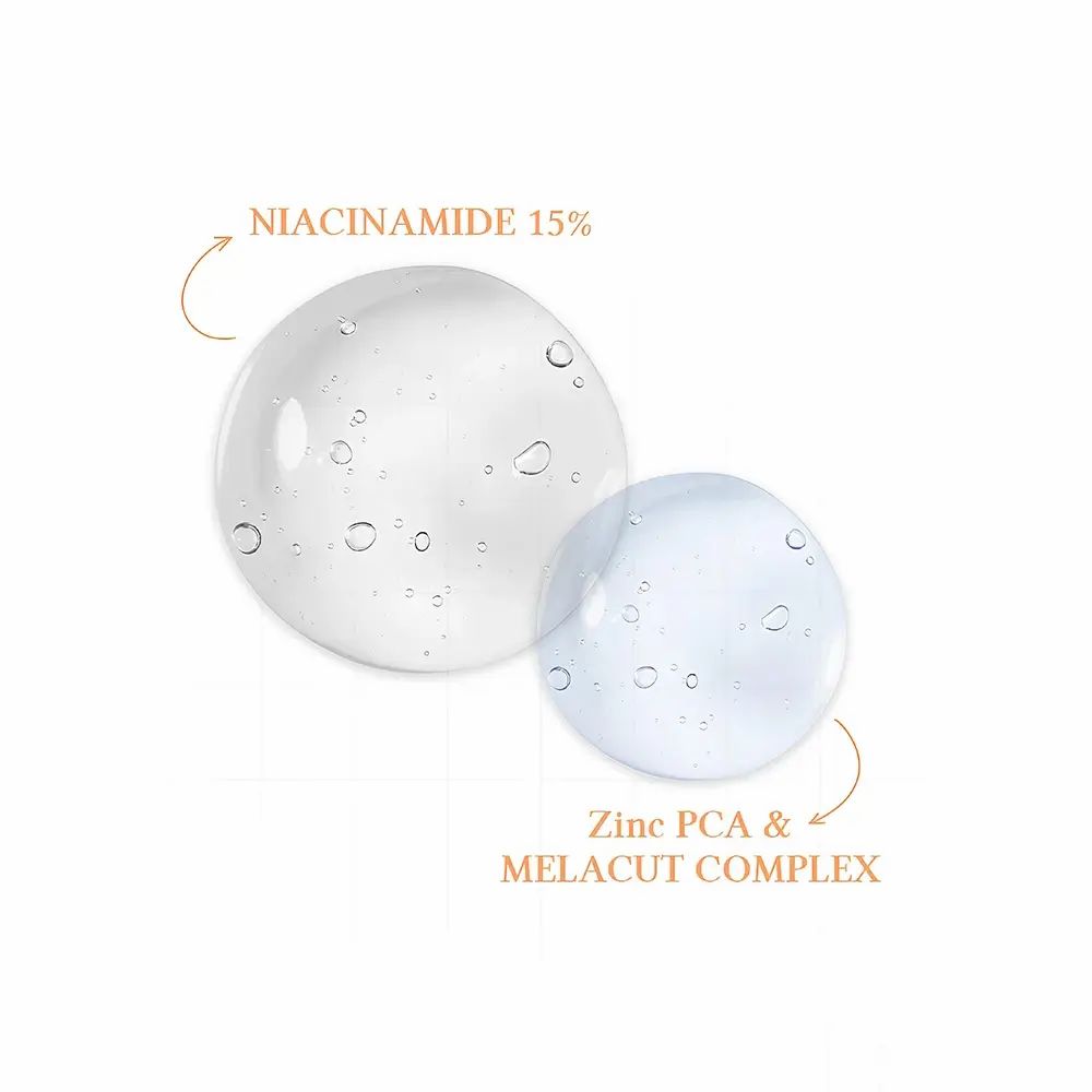 Deux gouttes de sérum transparentes avec les inscriptions : "Niacinamide 15%" et "Zinc PCA & MELACUT COMPLEX".