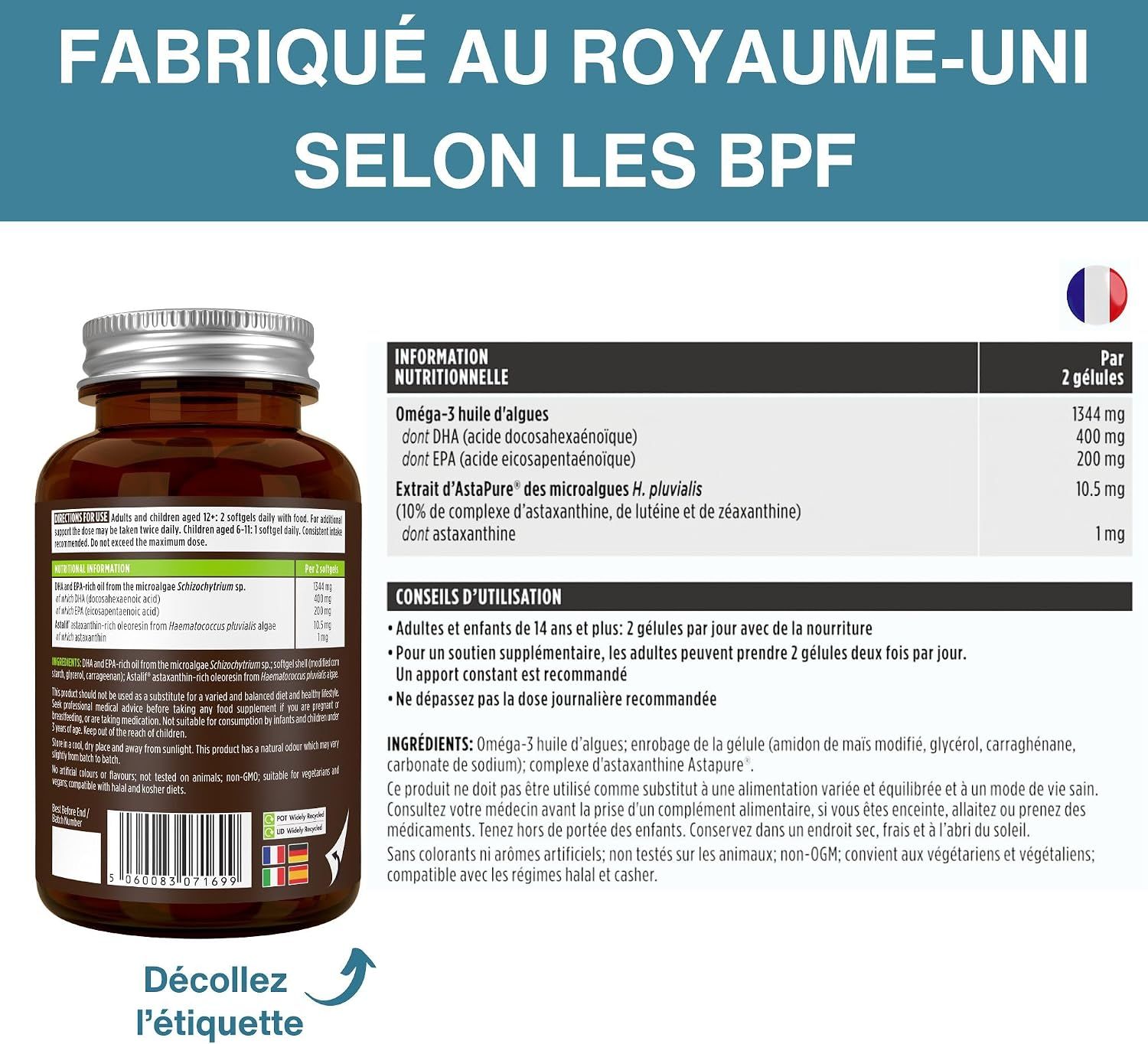 Fabriqué au Royaume-Uni selon les normes BPF. Bouteille avec étiquette.