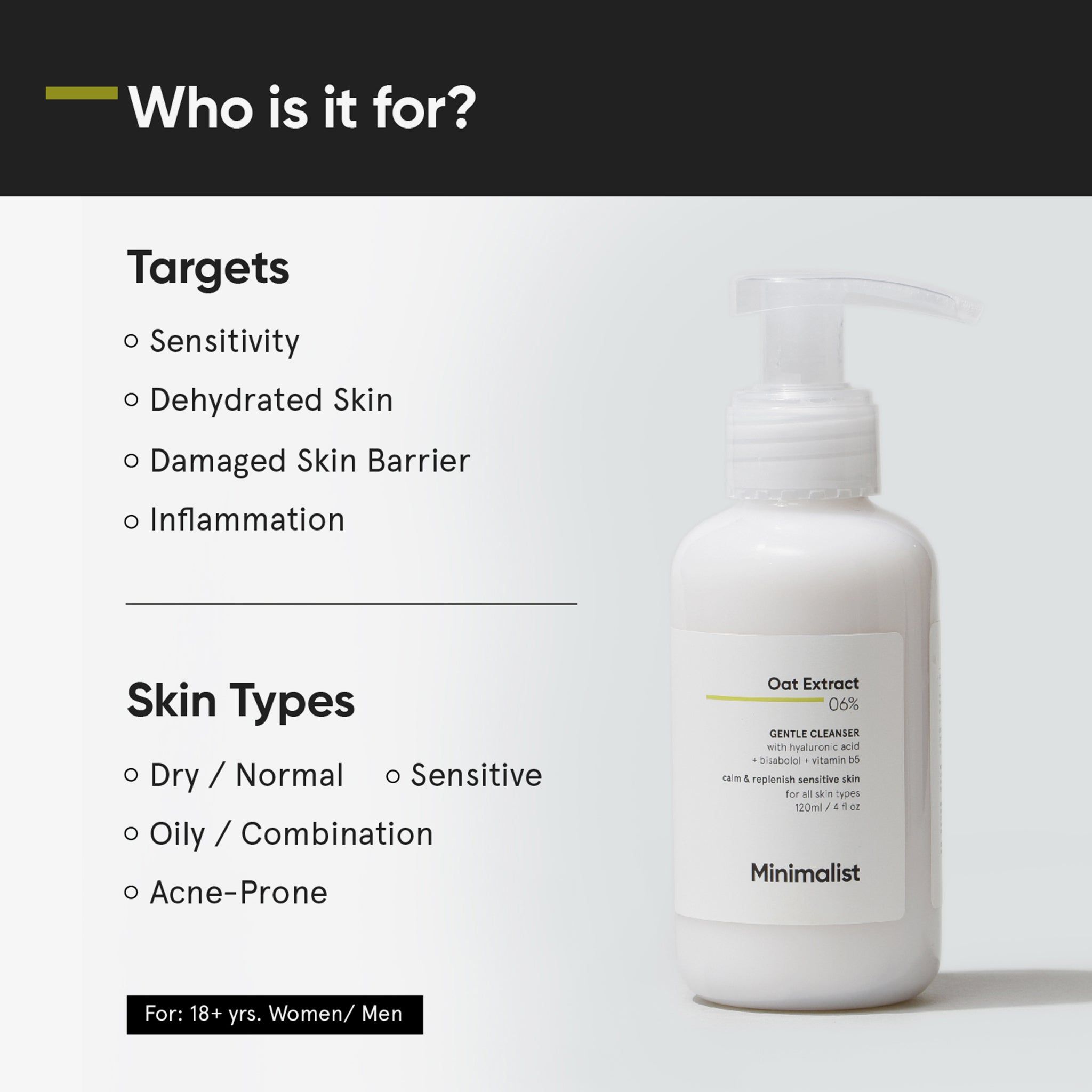 Graphique avec texte. Titre : Who is it for? Liste des types de peau et des objectifs. Flacon du produit à droite.