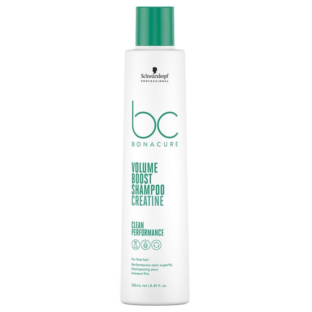 Witte shampoo met groene dop. Opschrift: bc BONACURE VOLUME BOOST SHAMPOO CREATINE. Schwarzkopf Professional.