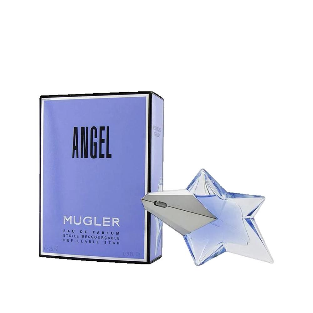 Blauwe parfum in stervormige fles en verpakking. Verpakking met opschrift ANGEL en MUGLER.