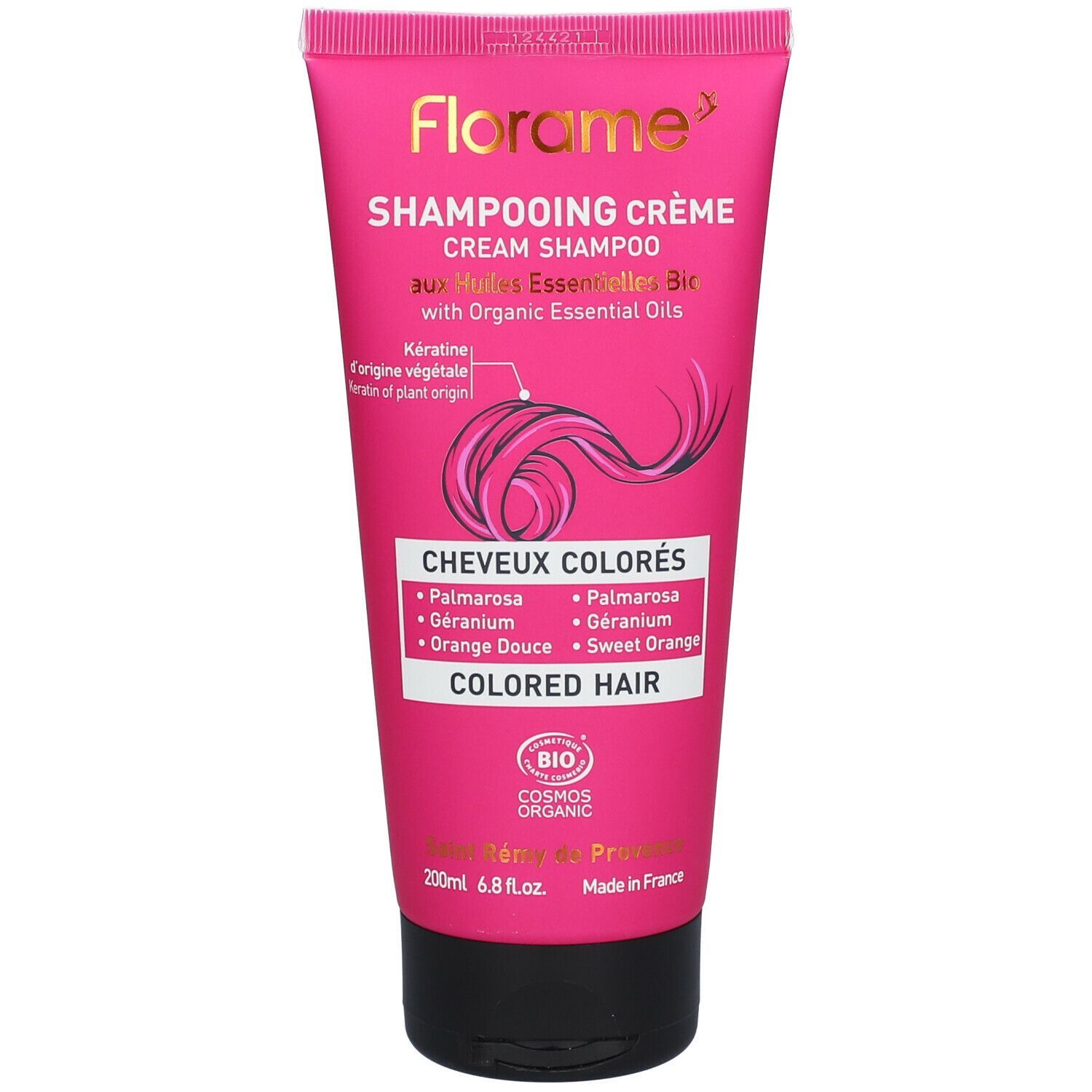 Tube rose "Florame" Shampooing Crème pour cheveux colorés. Certifié bio. Ingrédients naturels.