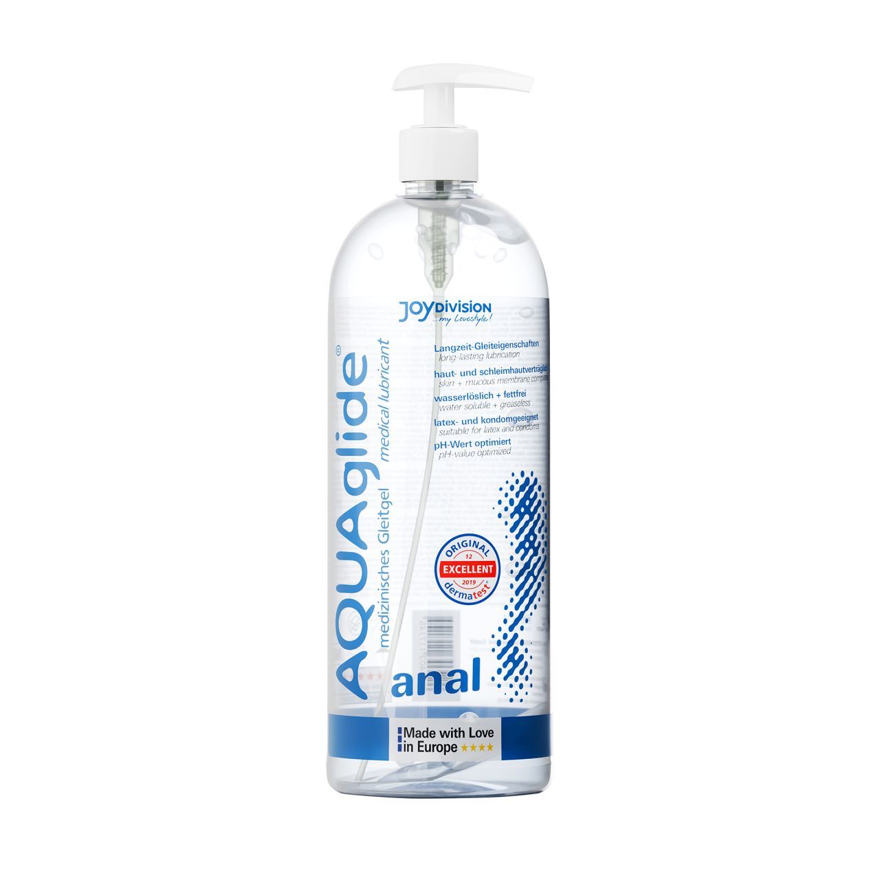 AQUAglilde Anale glijmiddel met pompdosering, met Italiaanse teksten en iconen.