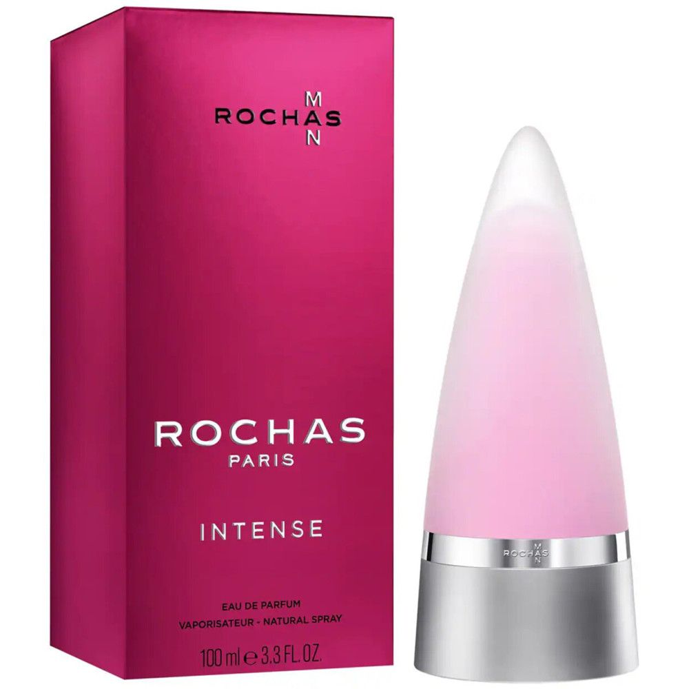 Rochas Man Intense Eau de Parfum Spray. Flacon rose en forme de cône, à côté d'un emballage rectangulaire. Les deux avec logo et texte.
