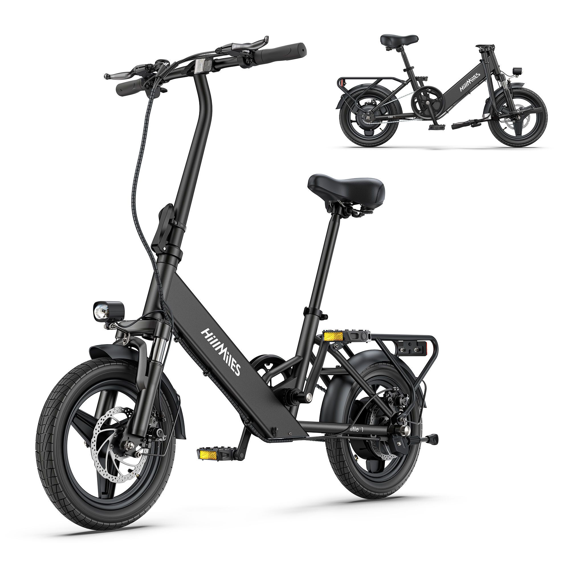 Vélo électrique pliable noir. Marque HillMiles. Roues de 14 pouces, porte-bagages, phare et selle.