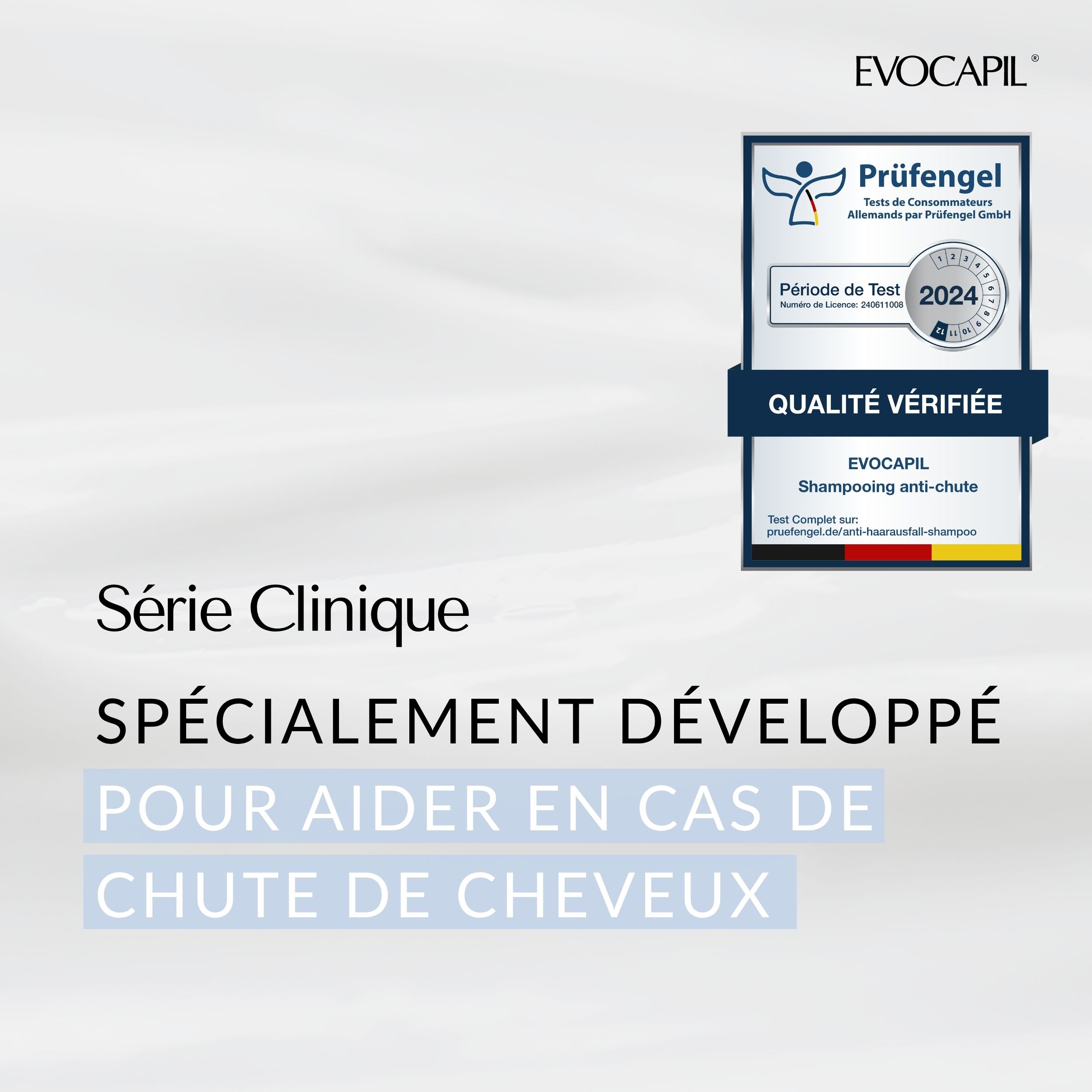 Logo de certification 'Qualité vérifiée' avec texte et année 2024. Evocapil Shampooing anti-chute.