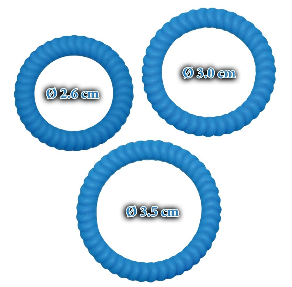 Trois anneaux péniens bleus, surface cannelée. Diamètres : 2,6 cm, 3,0 cm, 3,5 cm.