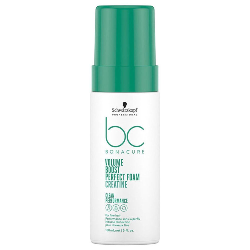 Wit-groene fles met spuitkop. Opschrift: BC Bonacure, Volume Boost Perfect Foam, Creatine. Logo: Schwarzkopf.