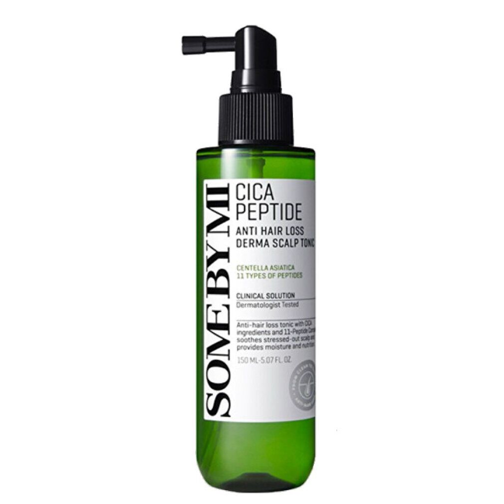 Groene fles met zwarte spraykop. Opschrift: Cica Peptide Anti Hair Loss Derma Scalp Tonic. Merk: SOME BY MI.