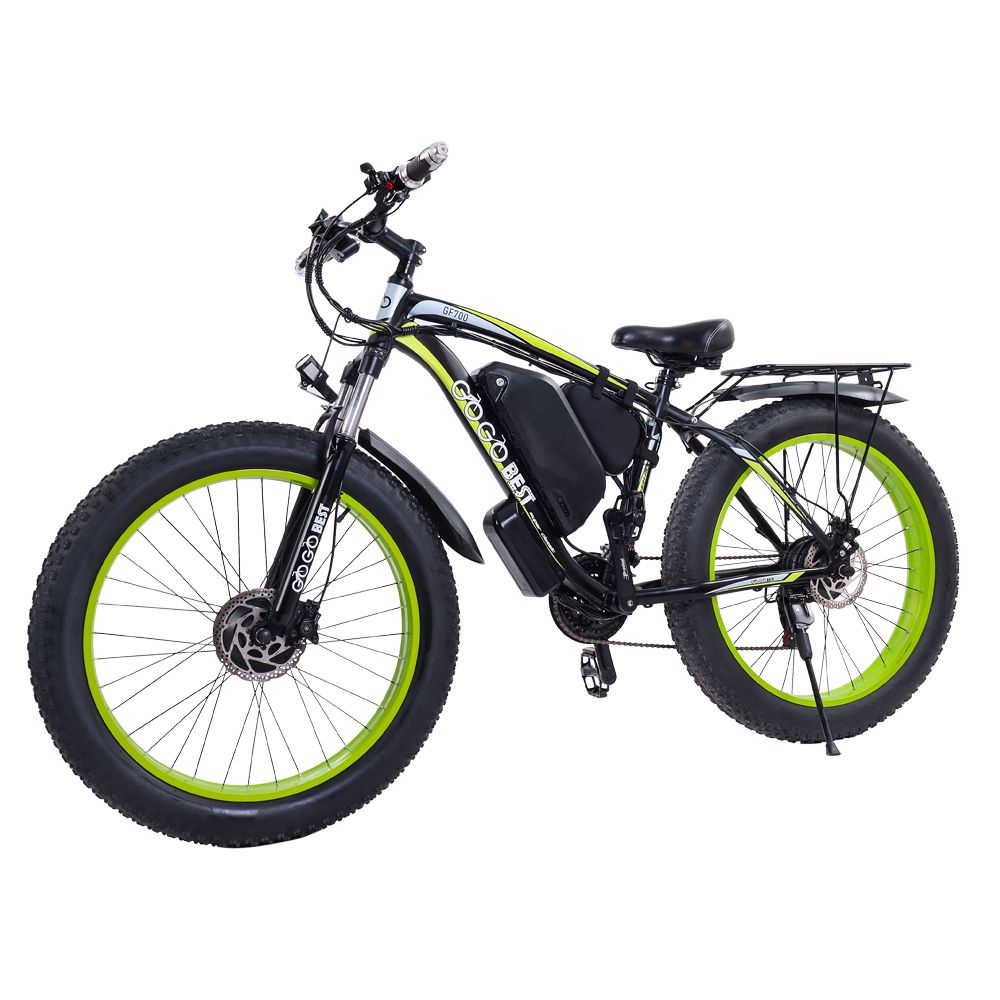 Vélo électrique noir avec jantes vertes. Porte-bagages, batterie et dérailleur Shimano. Logo GOGOBEST visible.