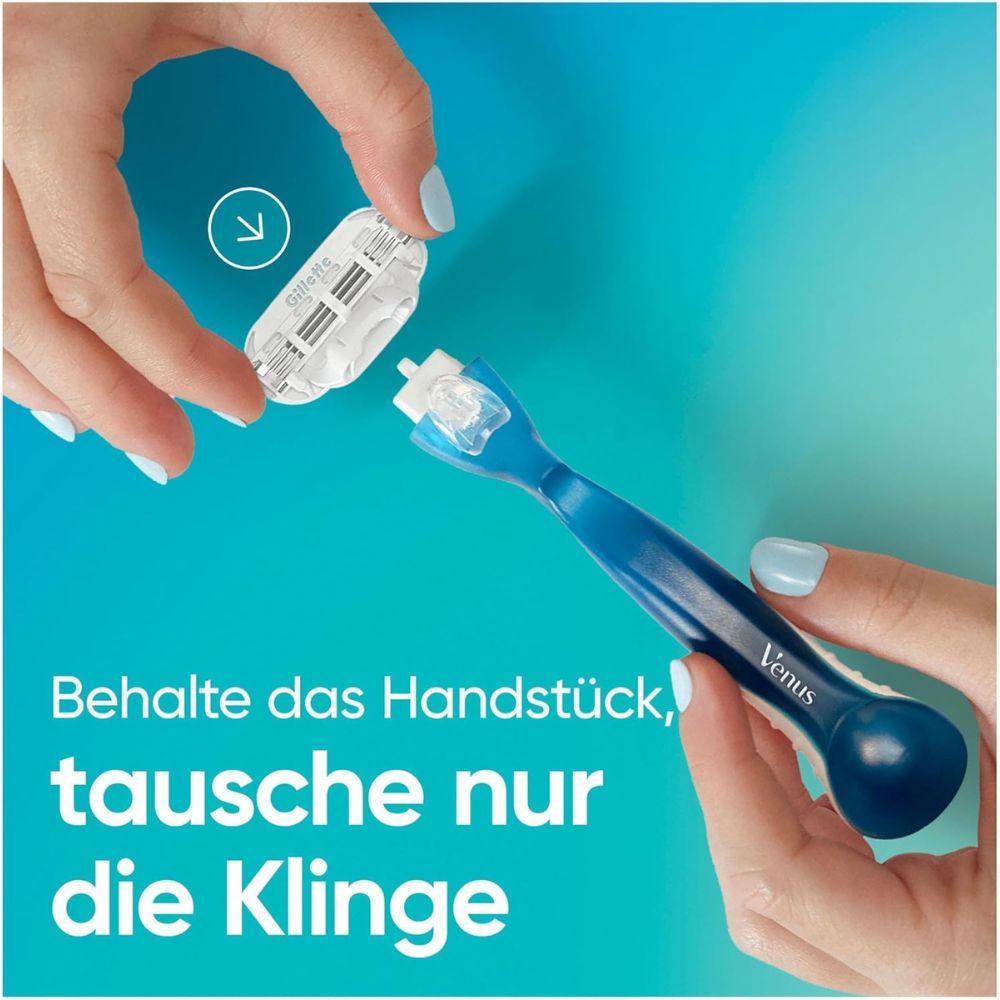 Handen vervangen scheermesje. Blauwe handgreep, wit mesje. Tekst: Bewaar de handgreep, vervang enkel de mesjes.