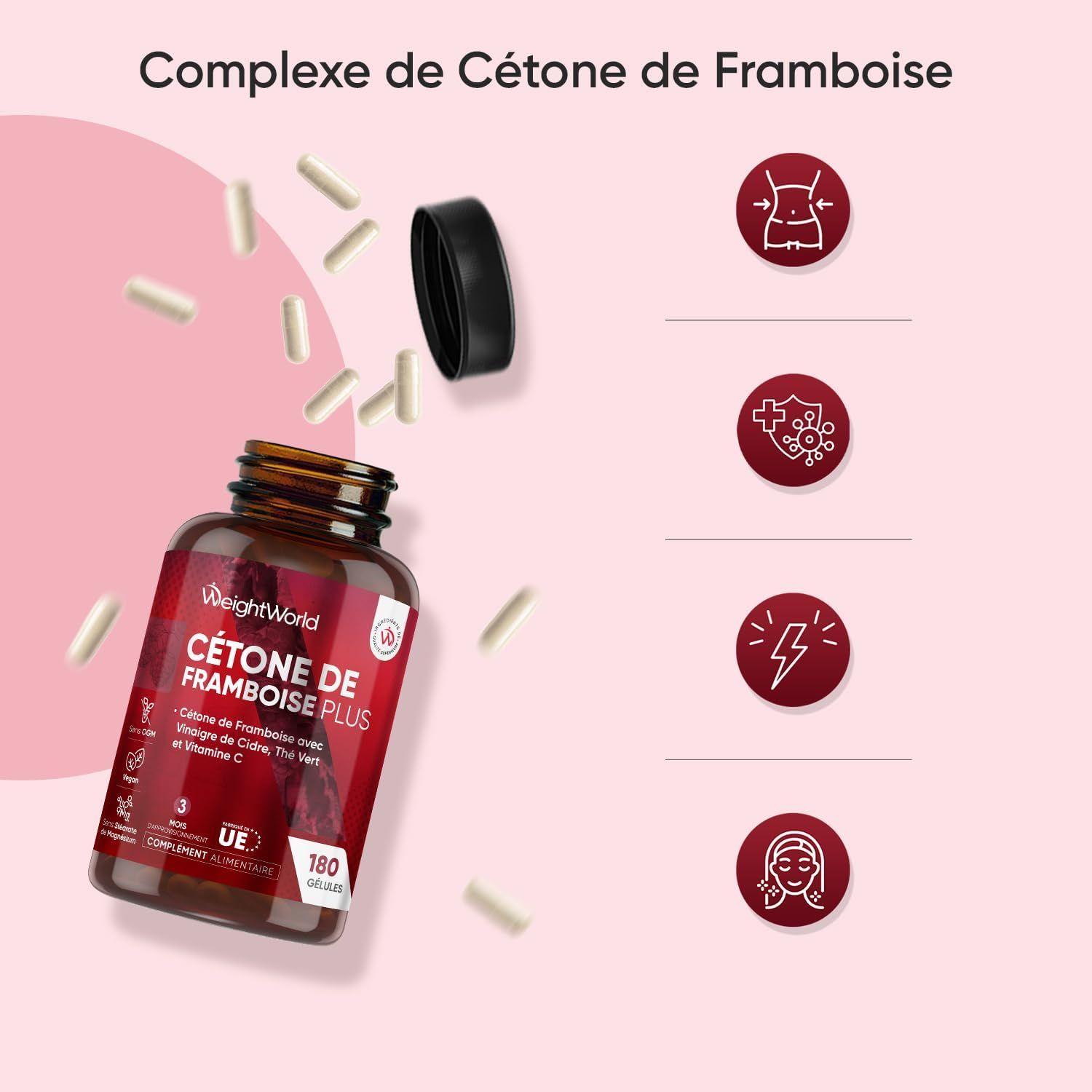 Bouteille Cétones de Framboise Plus avec des gélules tombant. Icônes montrant perte de poids, immunité, énergie et santé de la peau.