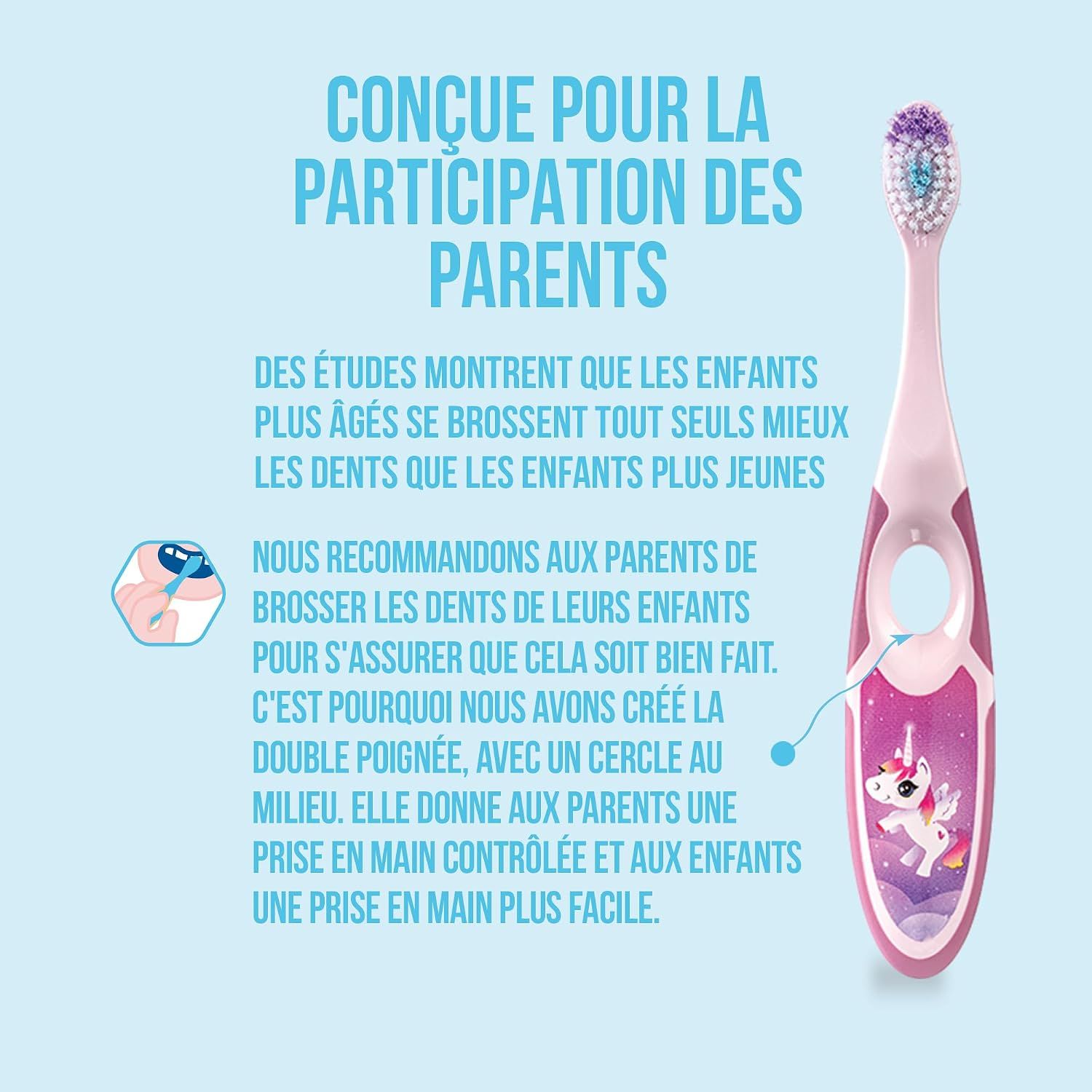 Brosse à dents Jordan pour enfants (3-5 ans) motif licorne, manche double prise.