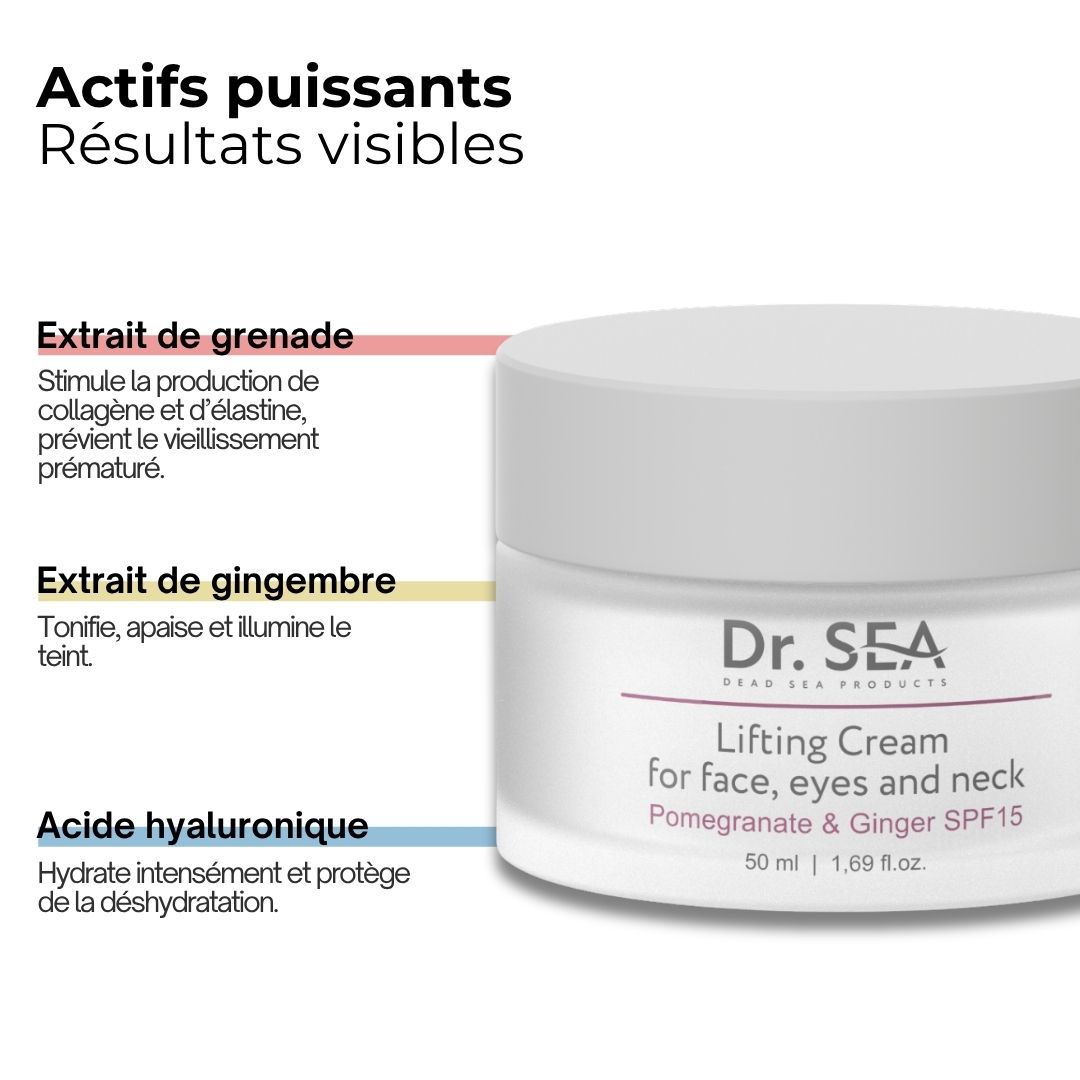 Pot de crème avec texte. Inscription : Dr. SEA, Lifting Cream, pour le visage, les yeux et le cou. Grenade & Gingembre SPF15.