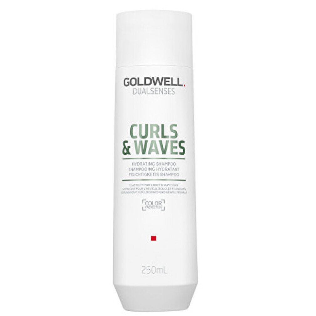 Goldwell Dual Senses Curls & Waves Shampoo. Witte fles. Tekst: Curls & Waves, Hydrating Shampoo. 250mL.