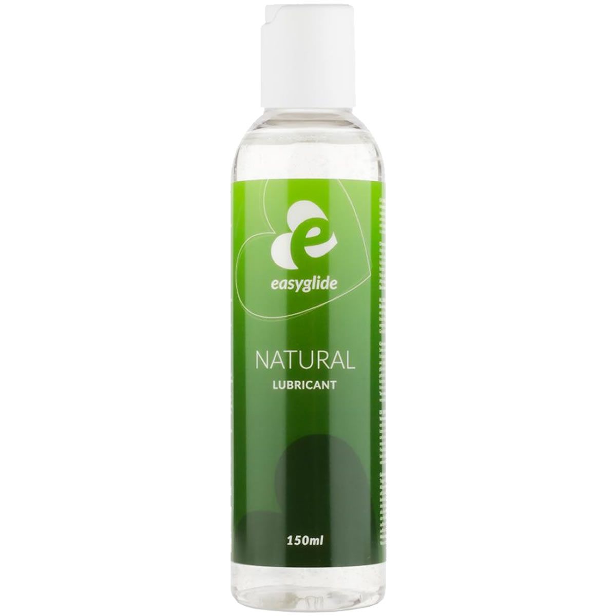 Flacon transparent avec bouchon blanc. Étiquette verte et blanche avec "NATURAL LUBRICANT" et logo. 150ml.