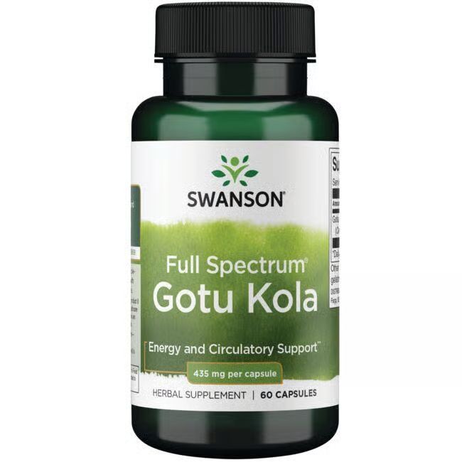 Groene fles met zwarte dop. Opschrift: SWANSON, Gotu Kola, 435 mg per capsule, 60 capsules.