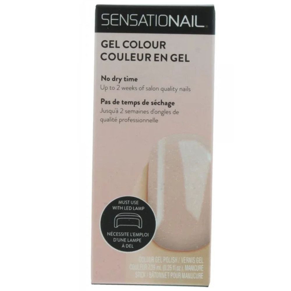 Vernis gel Sensationail. Emballage avec image du produit. Texte: Gel Colour, Pas de temps de séchage, jusqu'à 2 semaines. Nécessite une lampe LED.