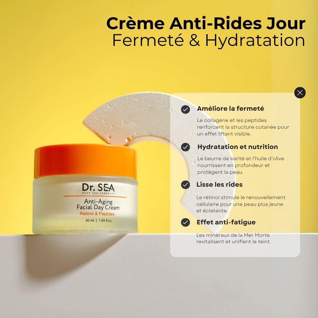 Pot de crème avec texte. Texte: Crème Anti-Rides Jour, Fermeté & Hydratation. Nom et ingrédients.