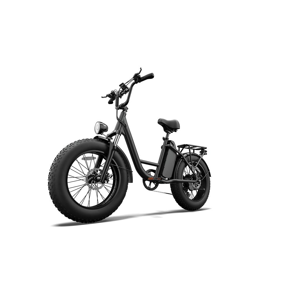 Vélo électrique noir avec pneus larges, porte-bagages et phare. Vue latérale, isolé sur fond blanc.