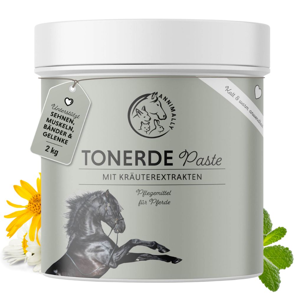 Pot Annimally Aluinarde Pasta. Opschrift: Aluinarde Pasta met kruidenextracten. 2 kg. Afbeelding van een paard.