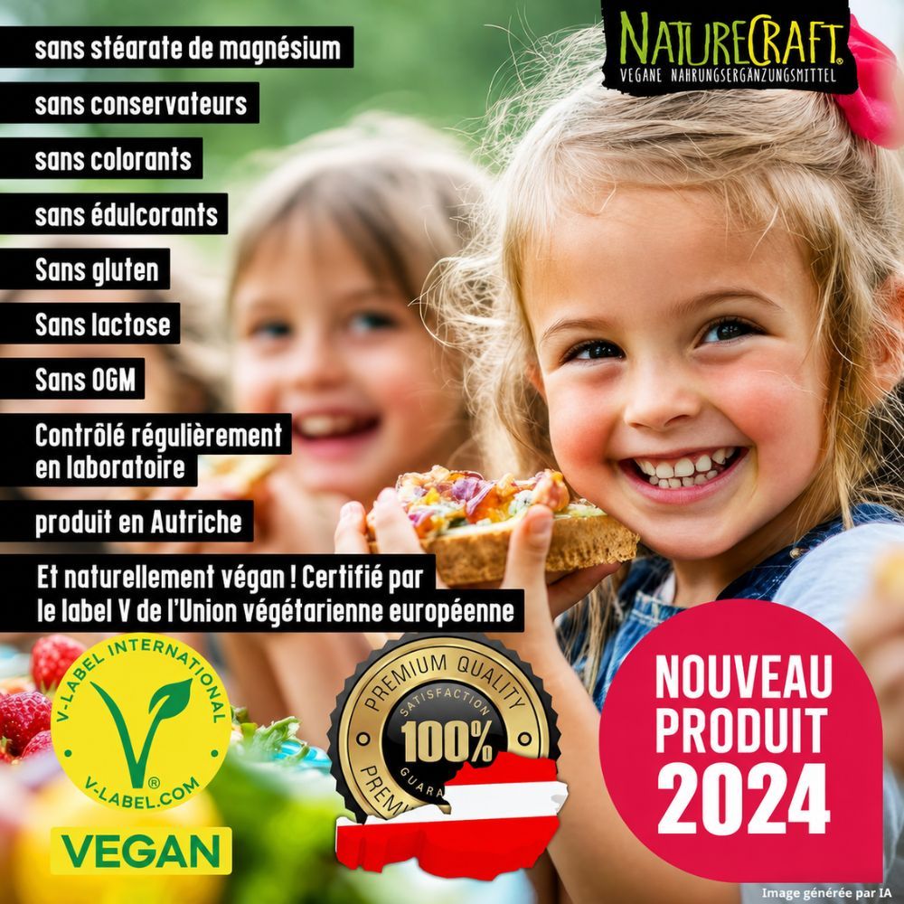 Des enfants souriants mangent une collation, avec des sceaux vegan et "Nouveauté 2024".