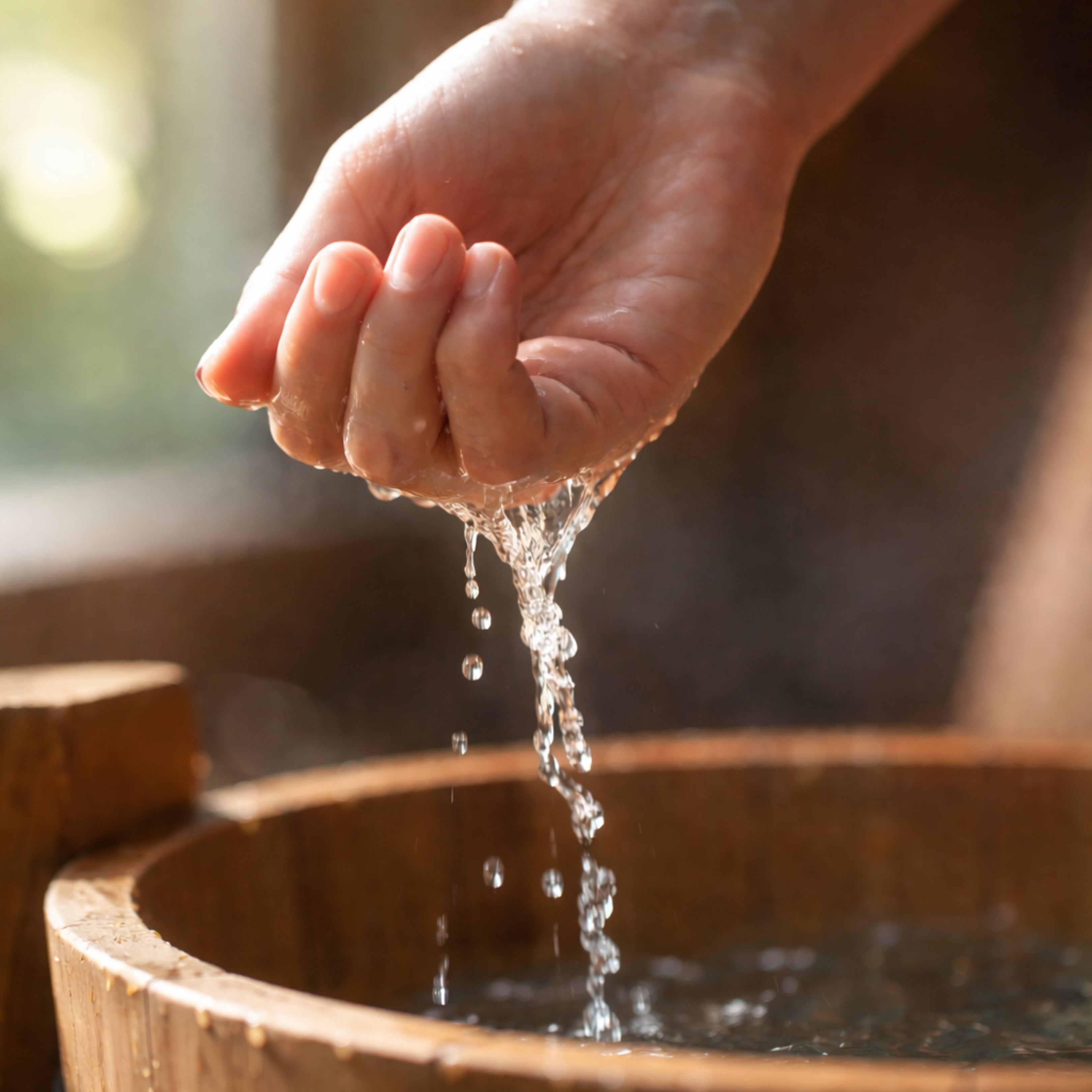 Main versant de l'eau dans un seau en bois. Jet d'eau. Structure en bois. Contexte sauna.