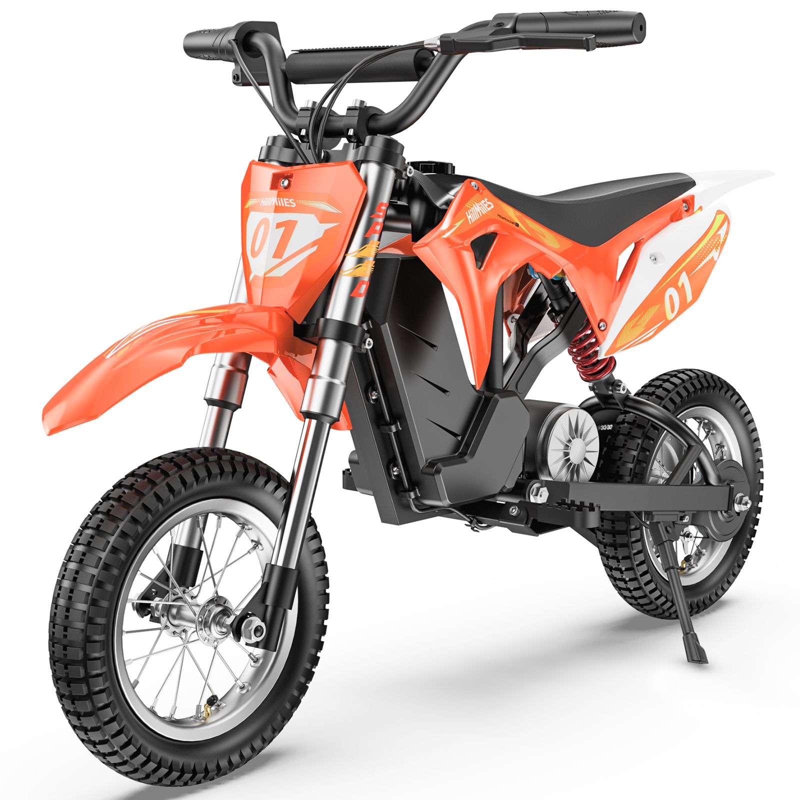 Oranje elektrische crossmotor voor kinderen. Zwarte banden, stuur en zadel. Witte en zwarte details. Nummer 01.