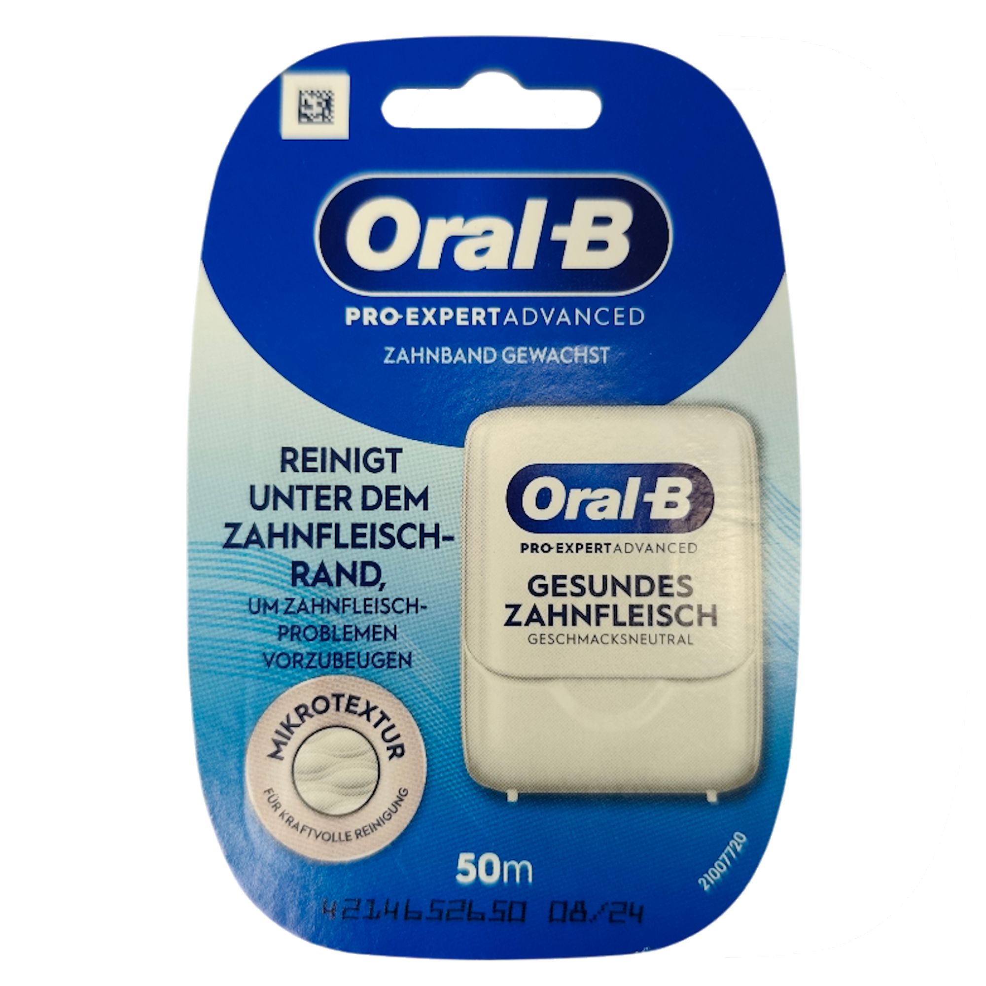 Paquet de fil dentaire. Étui de fil dentaire blanc dans un blister bleu. Inscription: Oral-B Pro-Expert Advanced, ciré. 50m.