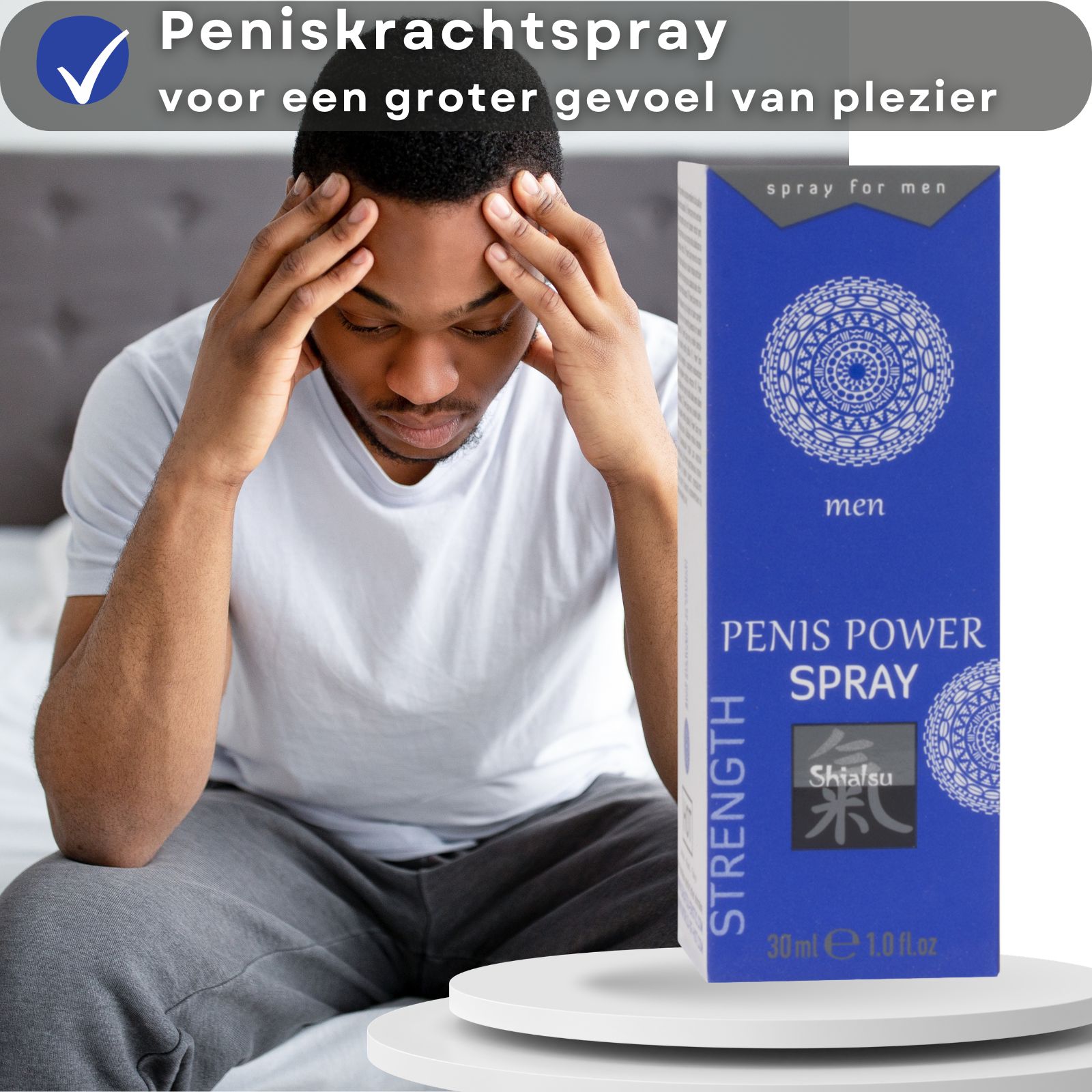 Achterkant van een doos Penis Power Spray, gedetailleerde ingrediëntenlijst en toepassing.