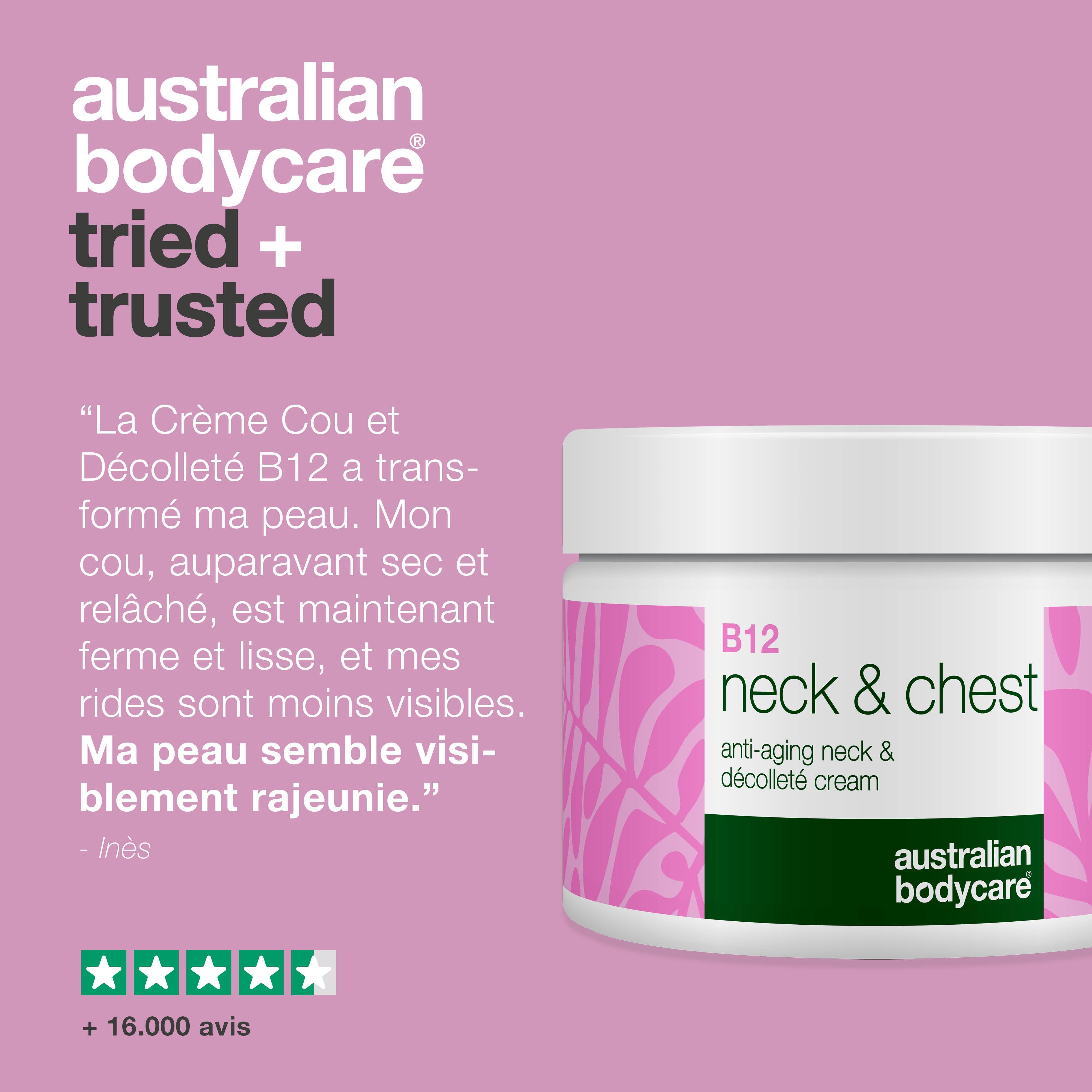Pot de crème avec texte. Texte : témoignage, évaluation 5 étoiles. Australian Bodycare.