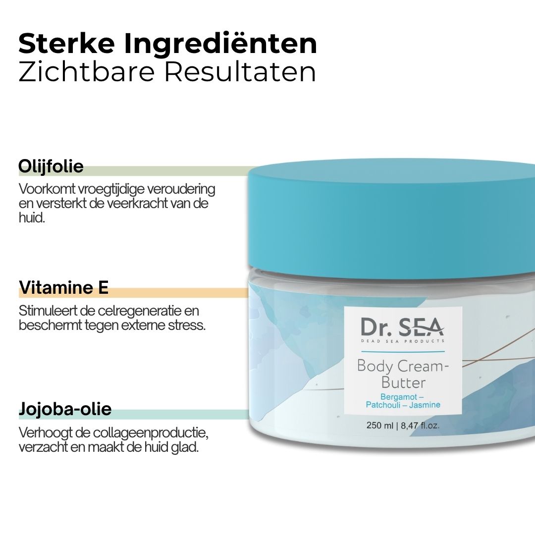 Potje body butter met blauw deksel. Tekst: Olijfolie, Vitamine E, Jojoba-olie. Opschrift: Dr. SEA, 250 ml.