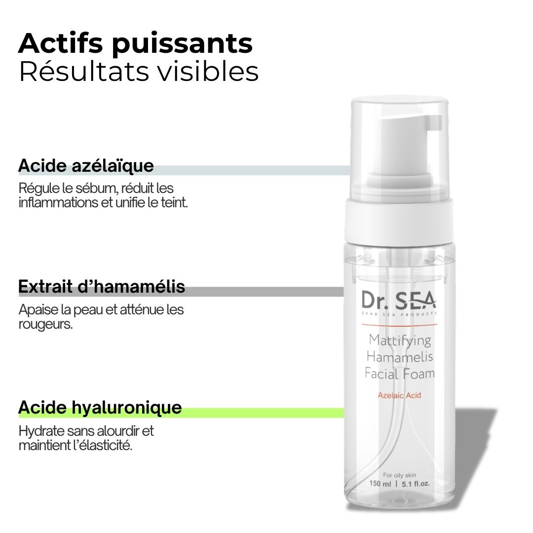 Plusieurs produits. Produits Dr. SEA, dont Mousse Matifiante Anti-Imperfections. Texte et symboles.