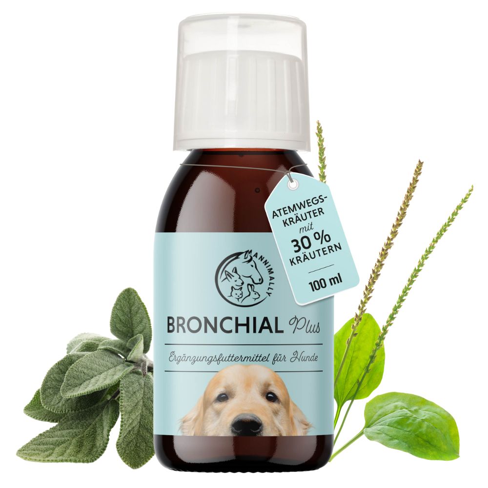 Bouteille marron avec étiquette. Inscription: Bronchial Plus. Contient 30% d'herbes. Aliment complémentaire pour chiens.