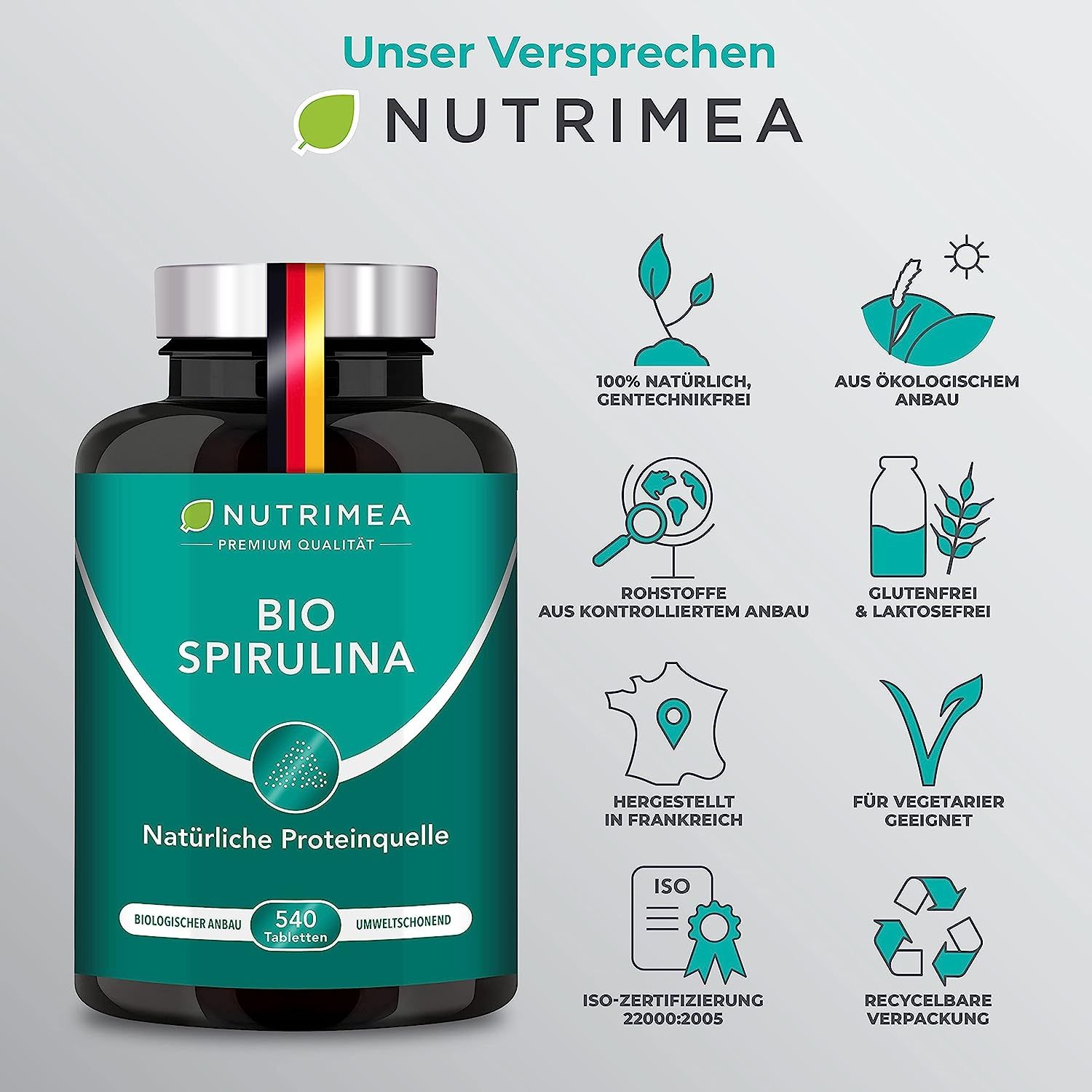 Donkere fles met groene tekst BIO SPIRULINA. 540 tabletten. Natuurlijke eiwitbron. Iconen: glutenvrij, vegan, etc. Gecertificeerd.
