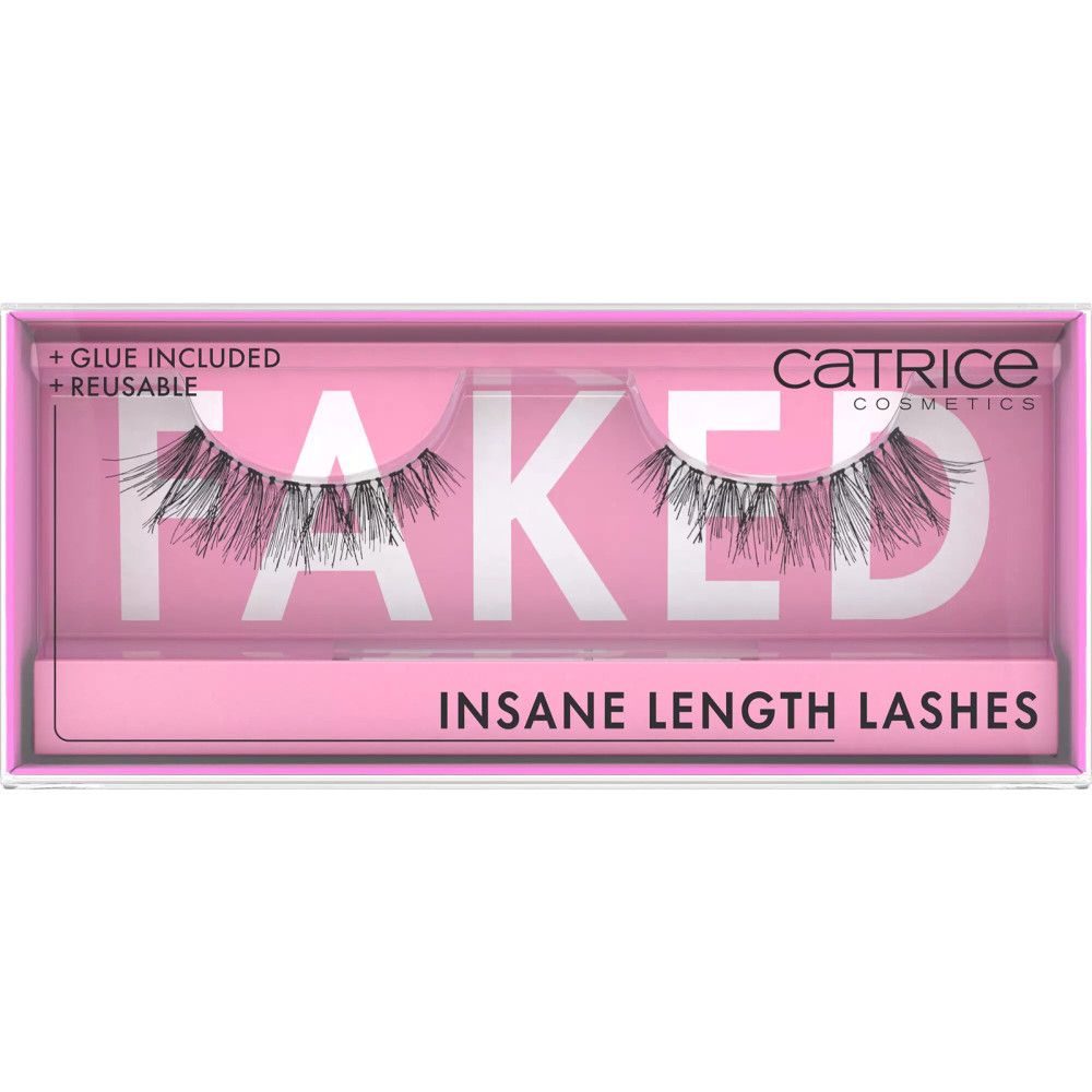 Roze verpakking met twee valse wimpers. Op de verpakking staat 'Catrice' en 'Faked Insane Length Lashes'.