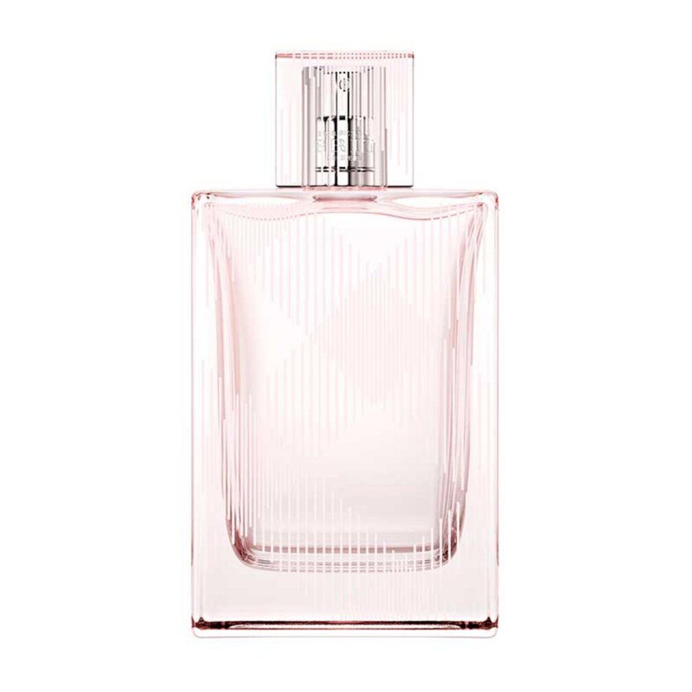 Flacon de parfum Burberry Brit Sheer, liquide rose pâle, rayures verticales.