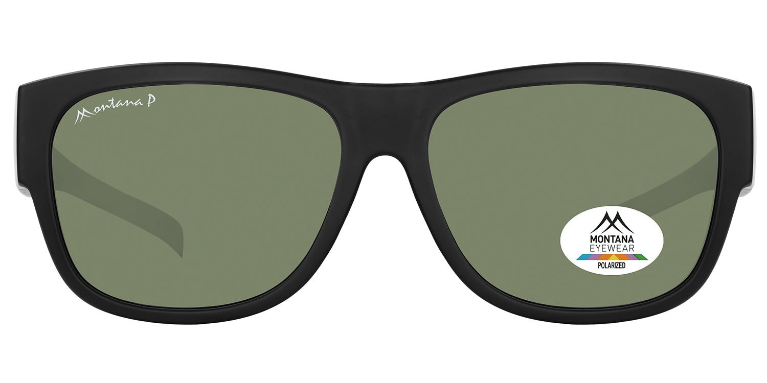 Lunettes de soleil noires avec verres verts. Logo Montana Eyewear et autocollant de polarisation. Forme rectangulaire.