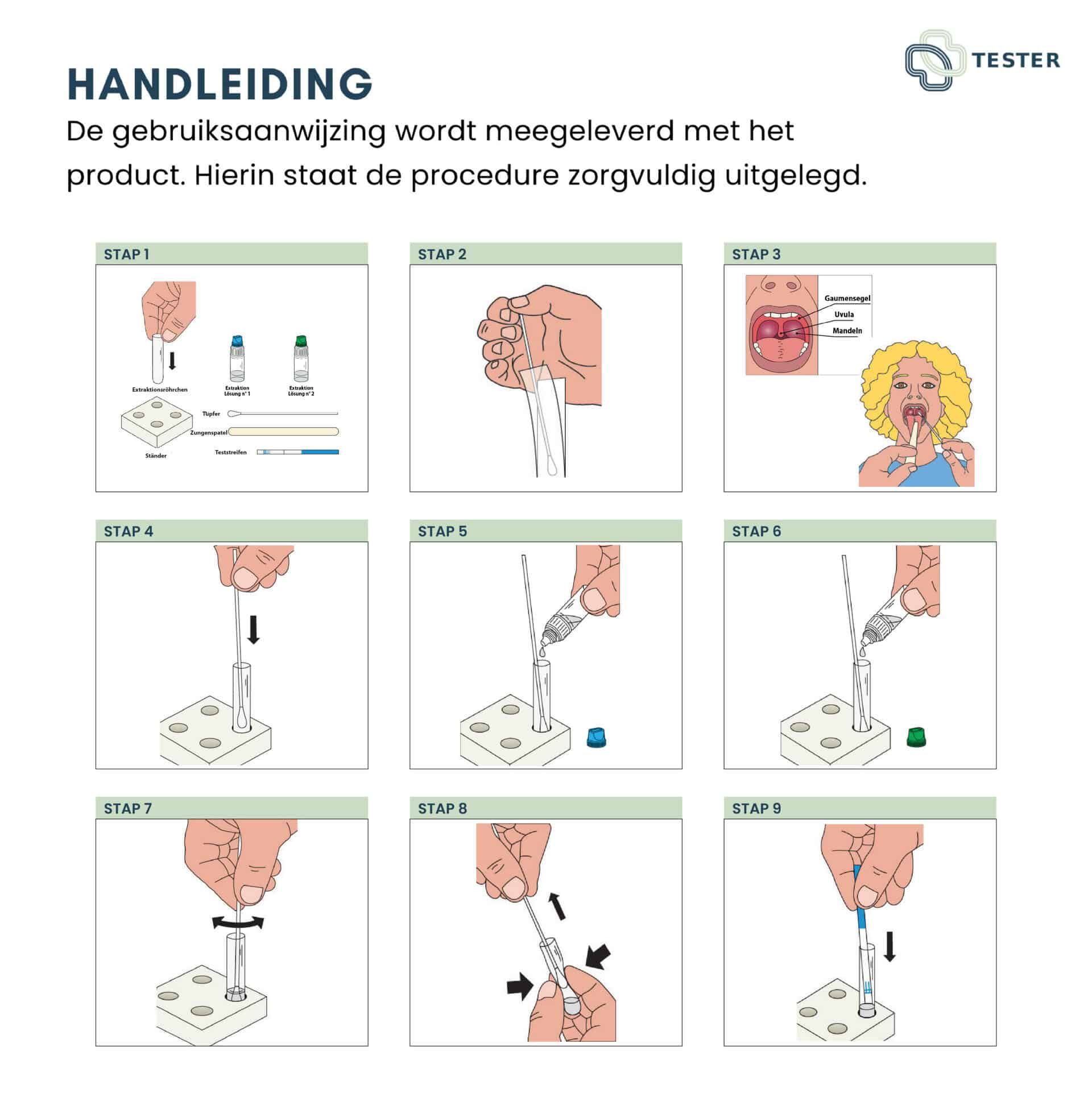 Handleiding voor de Strep A test in 9 stappen met illustraties.