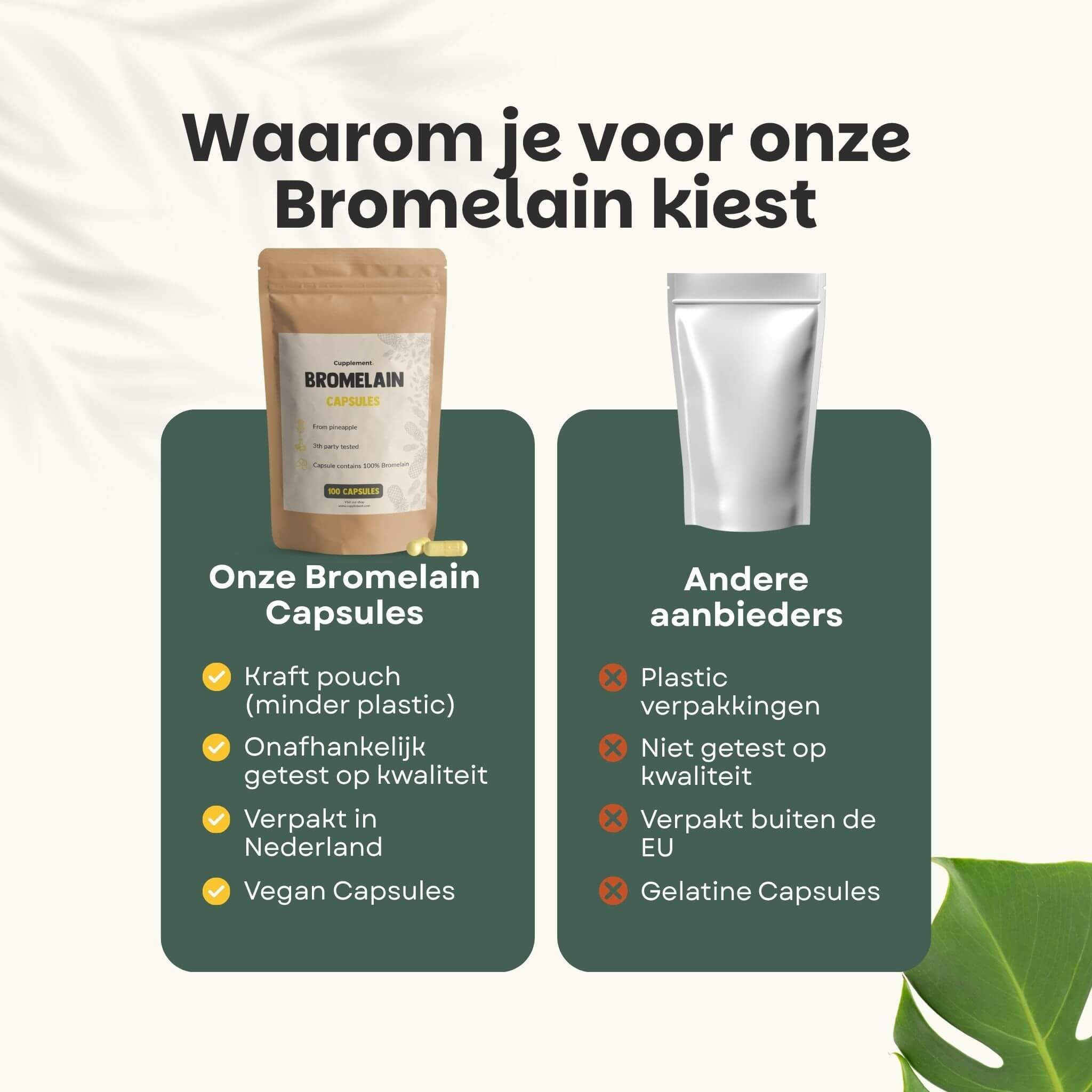 Vergelijking van bromelaïne capsules en andere aanbieders. Tekst: Kraft papieren zakje, vegan capsules. Andere: plastic verpakking.