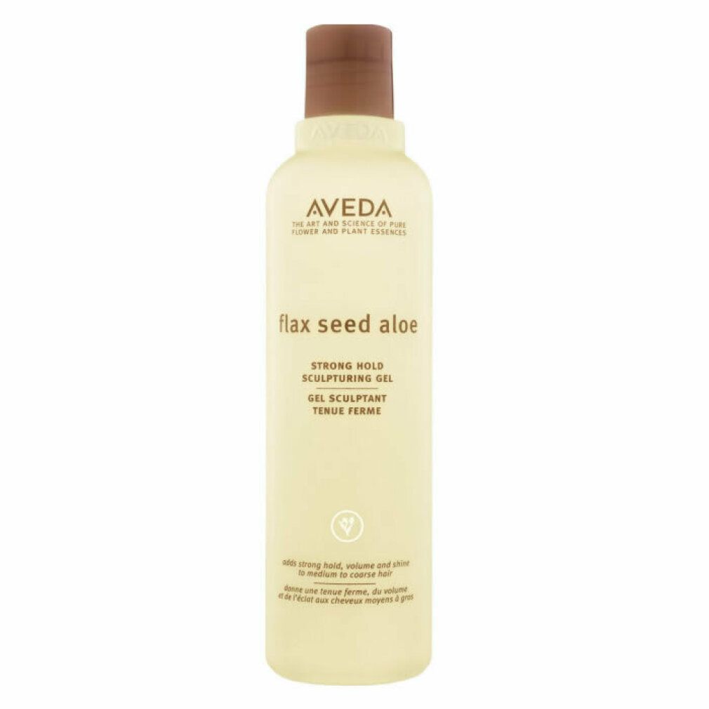 Aveda-haargel. Gele fles met bruine dop. Tekst: "flax seed aloe", "STRONG HOLD SCULPTURING GEL". 250 ml.
