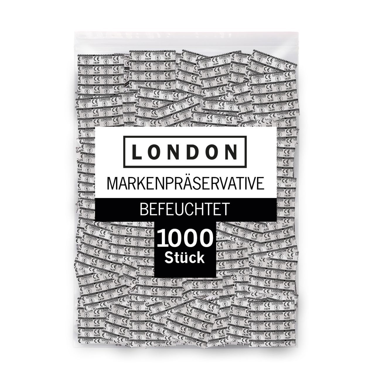 Zakje condooms. Opschrift: LONDON, merkcondooms, bevochtigd, 1000 stuks. CE-markering.