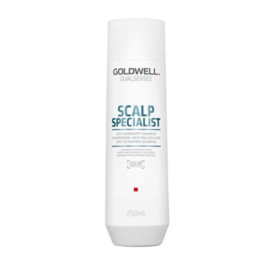 Flacon de shampooing blanc avec logo Goldwell et nom du produit. Texte : Shampooing antipelliculaire. 250 ml.