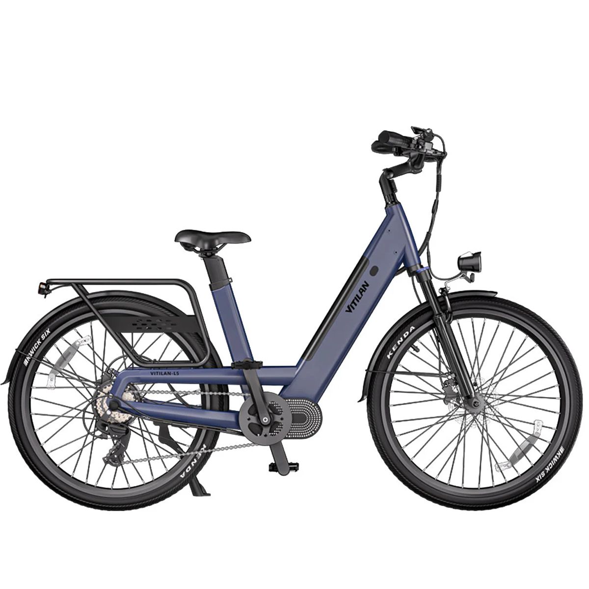 Vélo électrique bleu Vitilan L5 avec porte-bagages, phare et pneus Kenda. Marque visible.