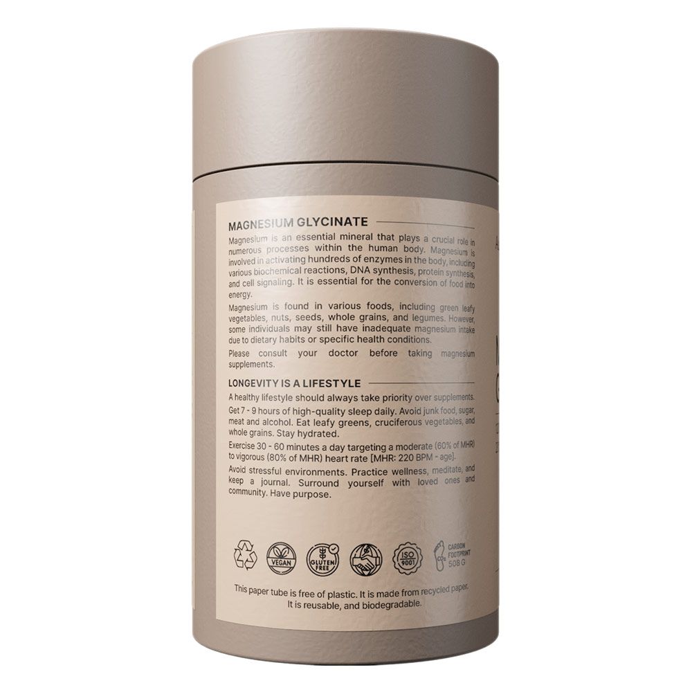 Container met informatie over magnesiumglycinaat, recycling-symbolen en keurmerken.