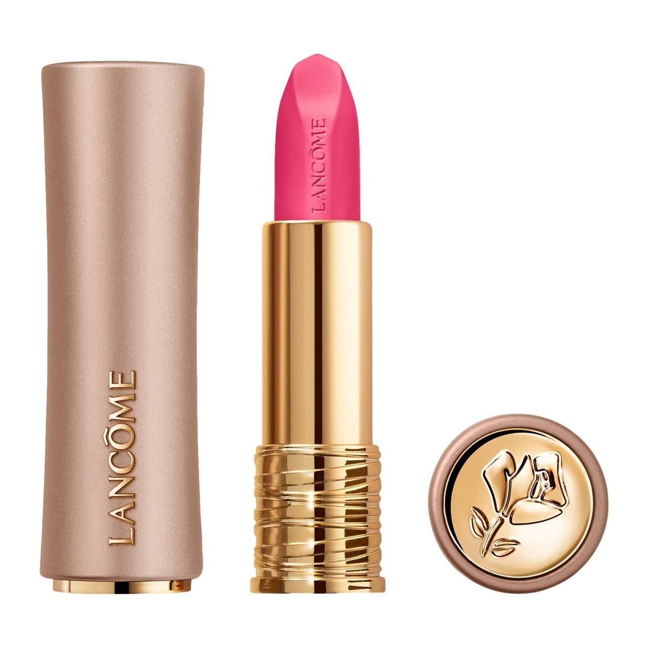 Un rouge à lèvres doré avec un bâton rose et un capuchon rose avec le logo Lancôme.
