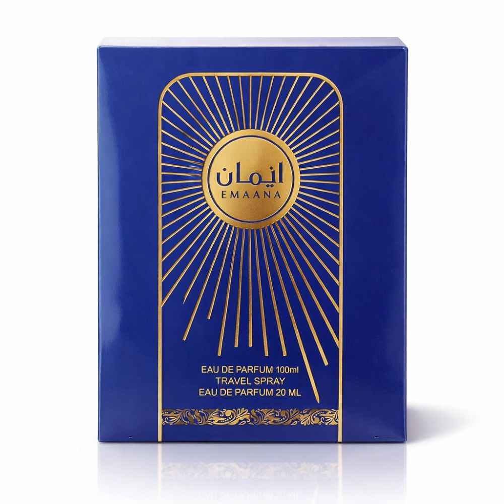 Boîte rectangulaire bleue avec logo doré et texte. Inscription: Emaana, Eau de Parfum, Travel Spray.