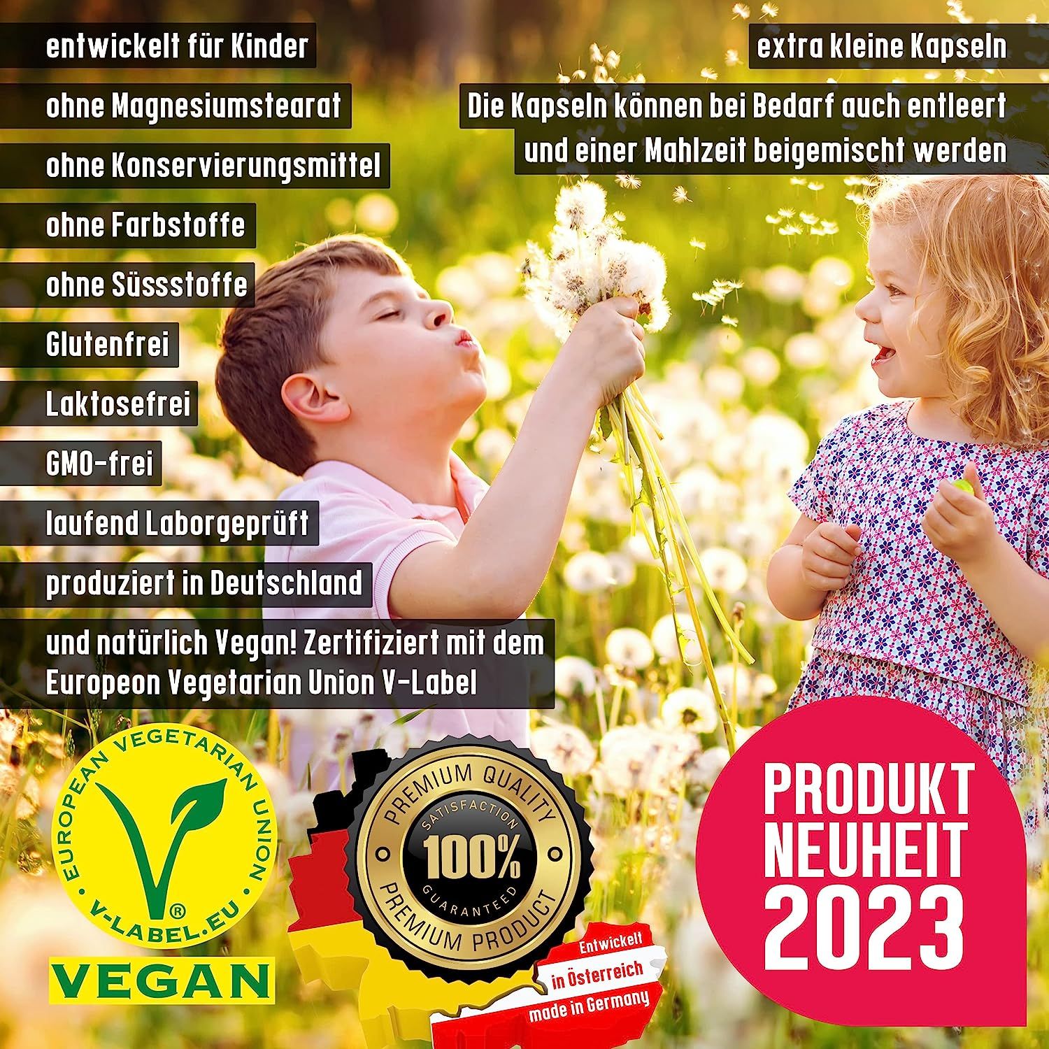Deux enfants à l'extérieur. Texte : conçu pour les enfants, sans additifs, sans gluten, sans lactose, sans OGM. V-Label Vegan, produit premium.