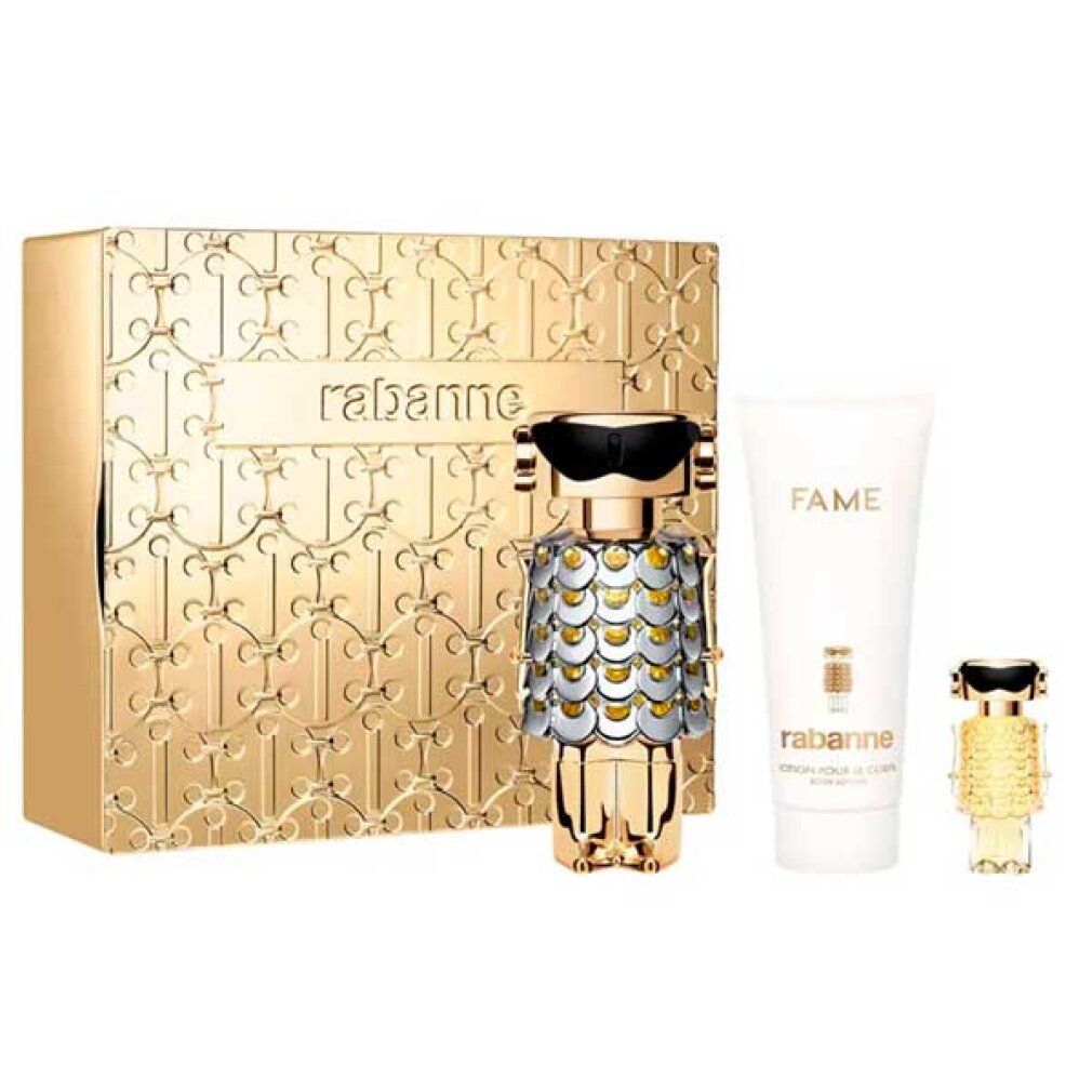 Rabanne geschenkset met parfumfles, bodylotion en kleine parfumverstuiver in gouden verpakking.